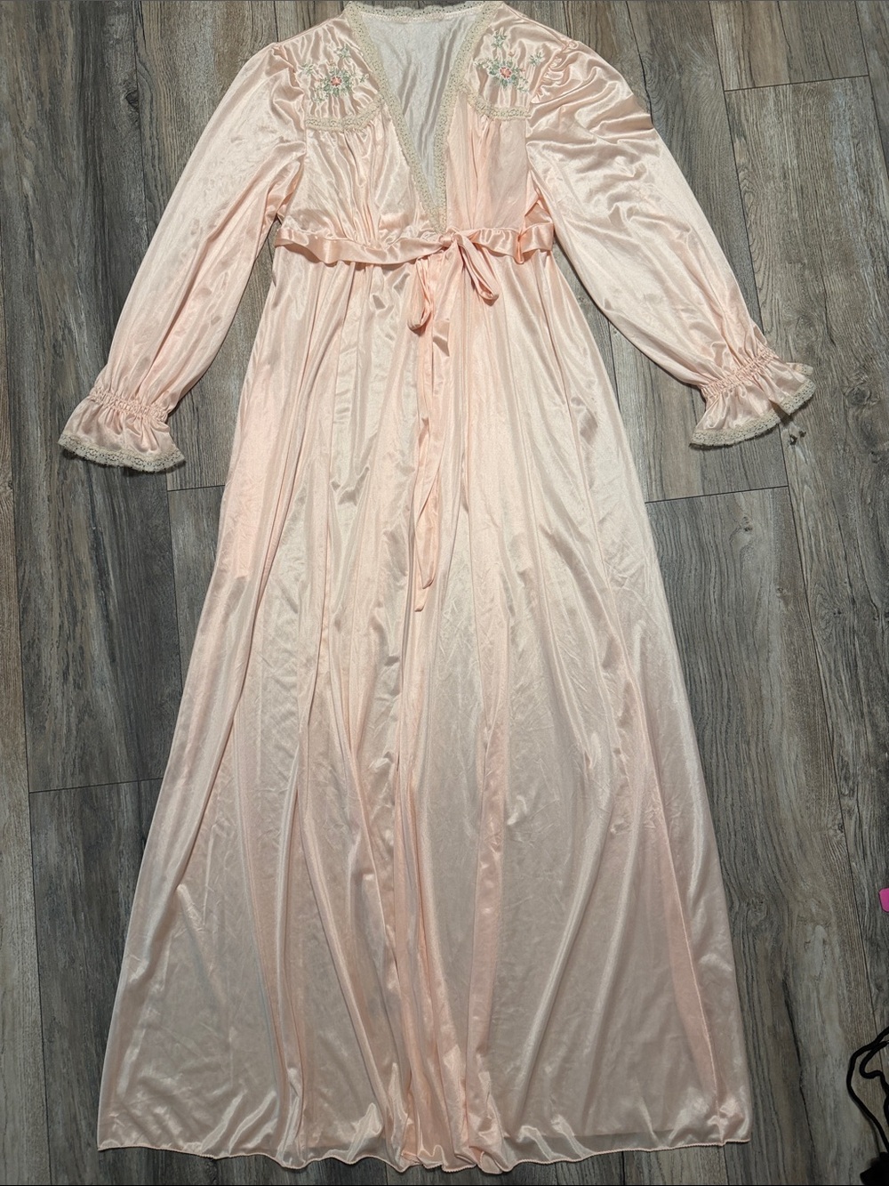 Long Peach Nylon Robe with Embroidered Neckline